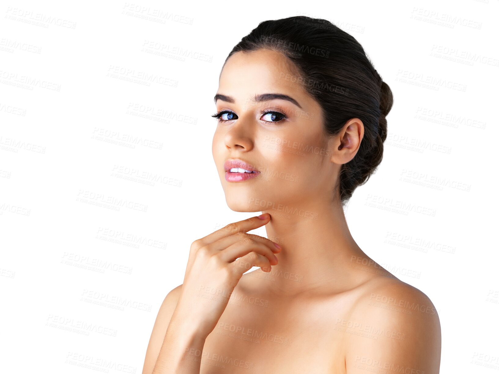Buy stock photo Beauty, skincare and portrait of a woman with cosmetic morning routine isolated in a transparent or png background. Natural, self care and young person touch clean neck skin due to dermatology