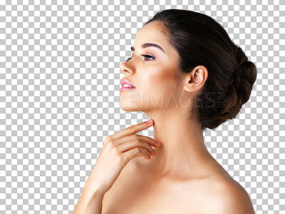 Buy stock photo Beauty, skincare and face with profile of woman on transparent background for cosmetics, spa or natural makeup. Thinking, vision and isolated female model on png for glow, self care or dermatology