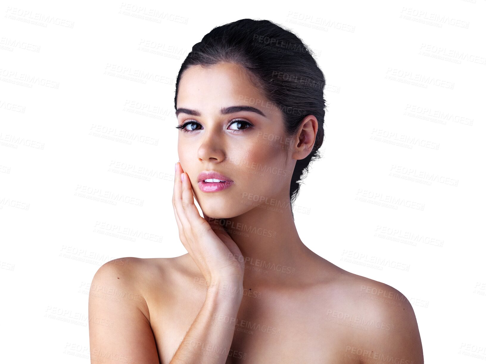 Buy stock photo Woman, portrait and face in natural beauty, skincare or cosmetics isolated on a transparent PNG background. Attractive female person or model touching skin for product, facial treatment or body care