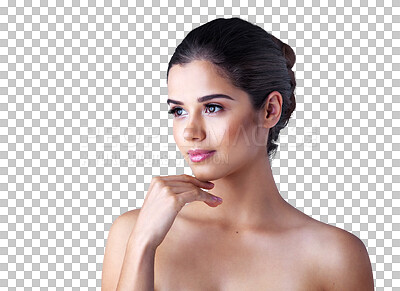 Buy stock photo Thinking, natural or beauty of woman with skincare or self love isolated on transparent png background. Dermatology, wonder or beautiful girl with facial care, glowing face or ideas for healthy skin 