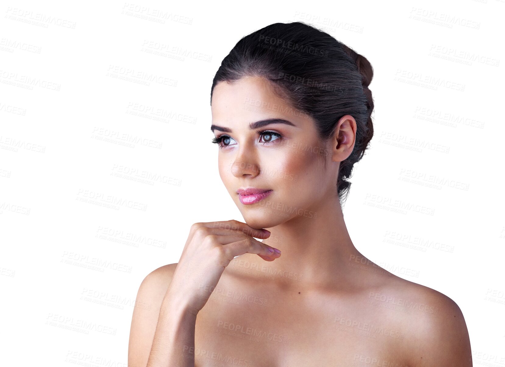 Buy stock photo Thinking, natural or beauty of woman with skincare or self love isolated on transparent png background. Dermatology, wonder or beautiful girl with facial care, glowing face or ideas for healthy skin 