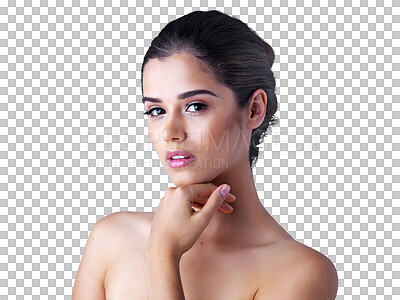 Buy stock photo Face, portrait or woman with natural skincare isolated on transparent png background for dermatology. Beauty, beautiful girl or person grooming with facial care, cosmetics glow or wellness alone 