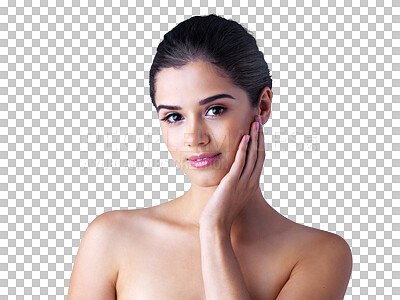 Buy stock photo Natural beauty, woman and skincare portrait with isolated with transparent png background. Model, cosmetic glow and face treatment of a female person with smile from wellness and cosmetics facial