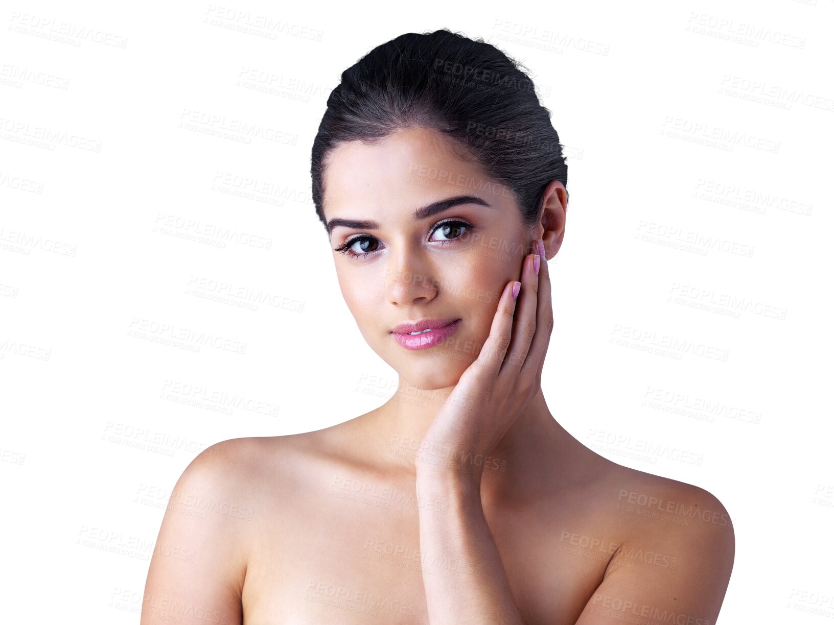 Buy stock photo Natural beauty, woman and skincare portrait with isolated with transparent png background. Model, cosmetic glow and face treatment of a female person with smile from wellness and cosmetics facial