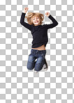 Portrait of a pretty little girl smiling and jumping with arms raised in the air isolated on a png background