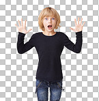 Portrait of a pretty little girl standing with hands raised in the air and an expression of shock on her face isolated on a png background