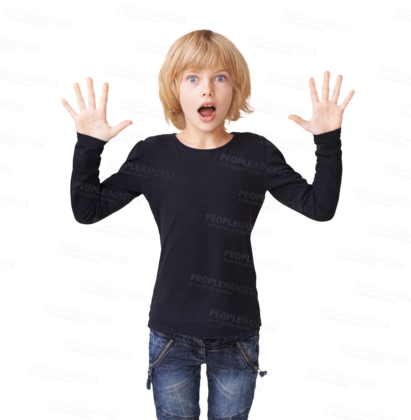 Buy stock photo Little girl, shocked and portrait with hands up in surprise or freeze isolated on a transparent PNG background. Female person, teenager or child with shock facial expression in stop, halt or frozen