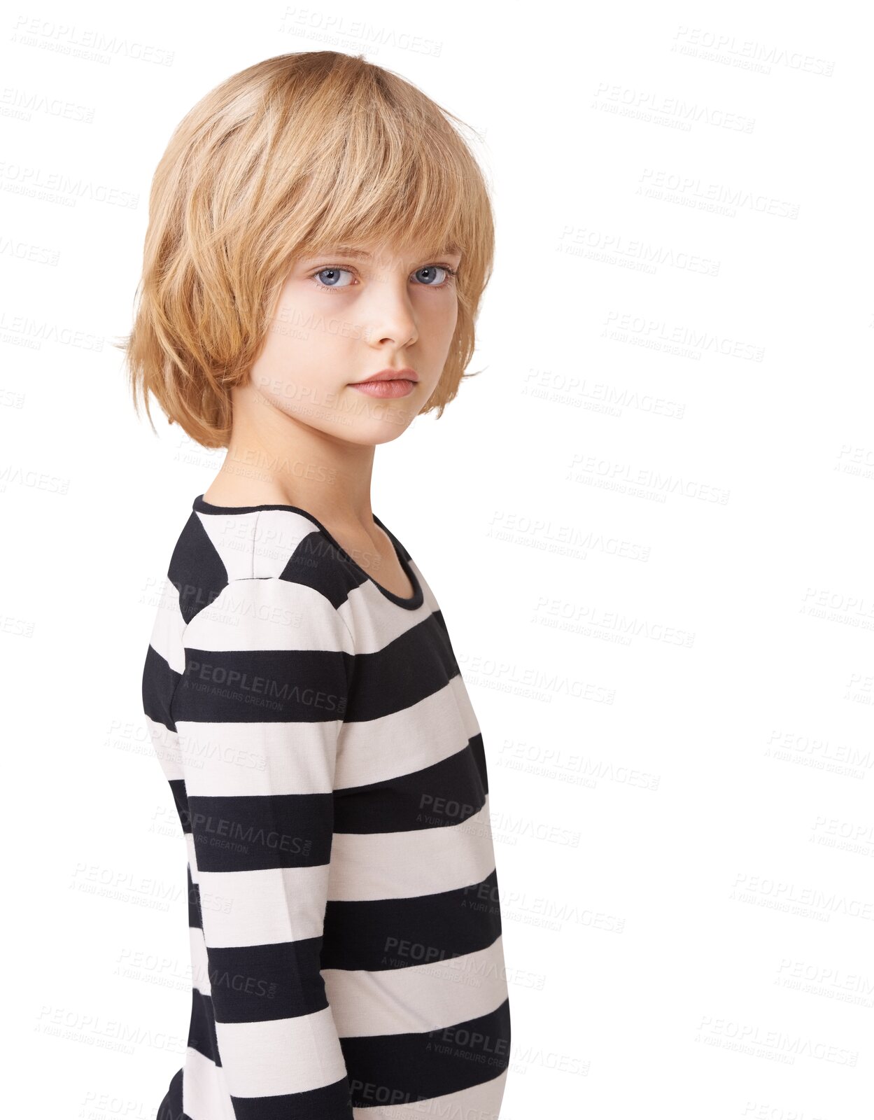 Buy stock photo Fashion, child and portrait of serious girl on png, isolated and transparent background in stripes. Childhood, attitude and face of young kid standing in trendy outfit, stylish and casual clothes