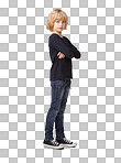 Portrait of a pretty little girl standing with arms crossed isolated on a png background