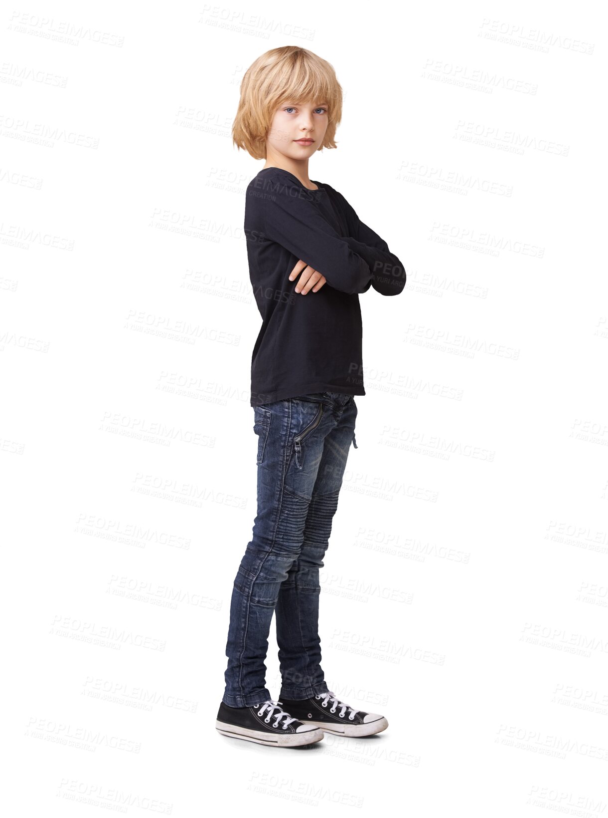 Buy stock photo Little girl, portrait and standing arms crossed in confidence isolated on a transparent PNG background. Full body of serious and confident female person, teen or child posing in casual style fashion