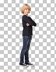 Portrait of a pretty little girl standing with arms crossed and smiling isolated on a png background