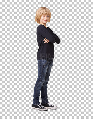 Buy stock photo Fashion, child and portrait of girl with crossed arms on png, isolated and transparent background. Childhood, happy and young kid smile standing in trendy outfit, stylish clothes and casual sneakers