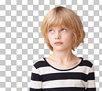 A pretty little girl standing and gazing up isolated on a png background