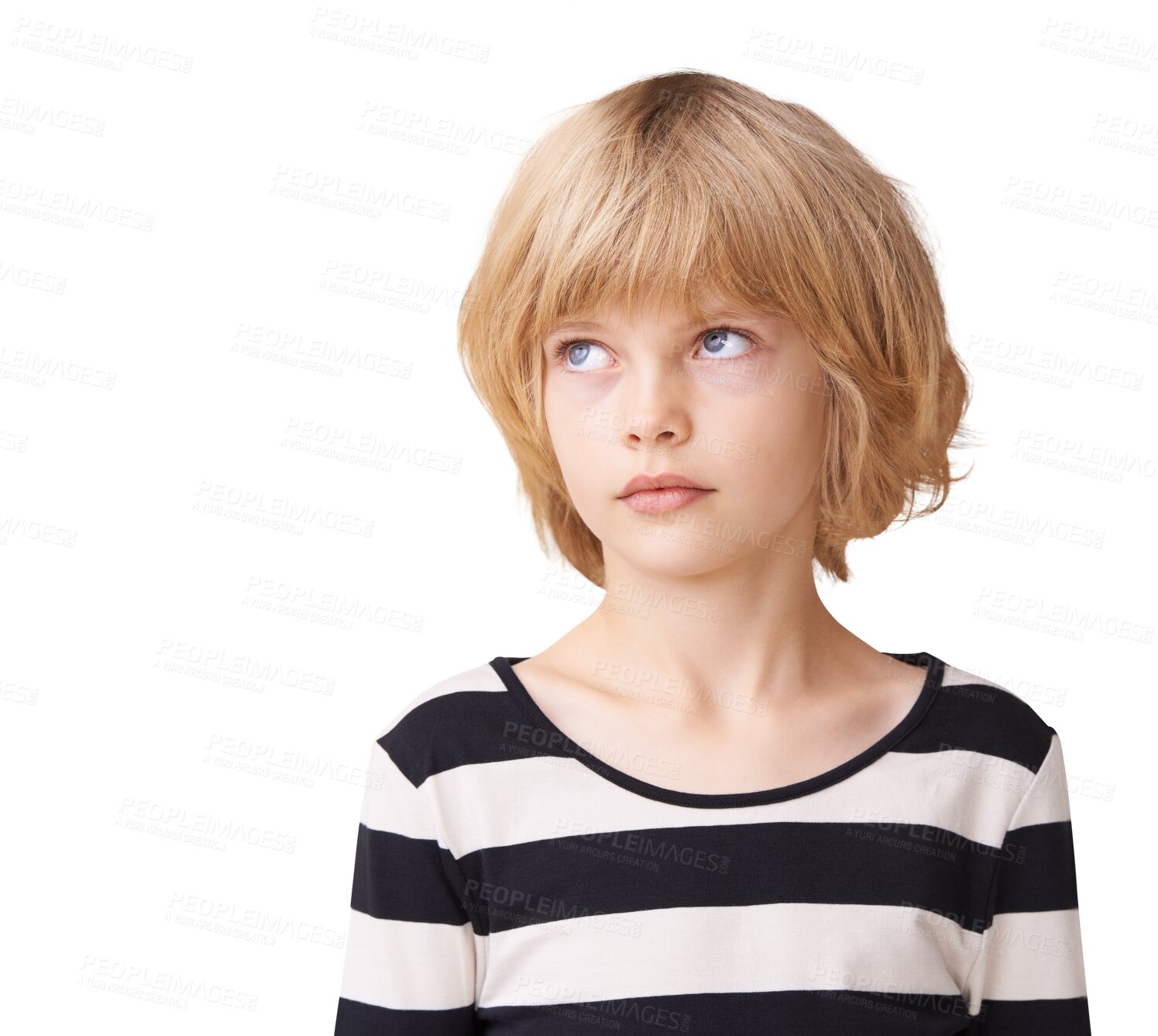 Buy stock photo Thinking, future and girl with ideas, daydreaming and confidence isolated against a transparent background. Young person, female child or kid with wonder, fantasy or attitude with thoughts or png