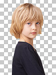 Portrait of a beautiful little girl standing profile isolated on a png background