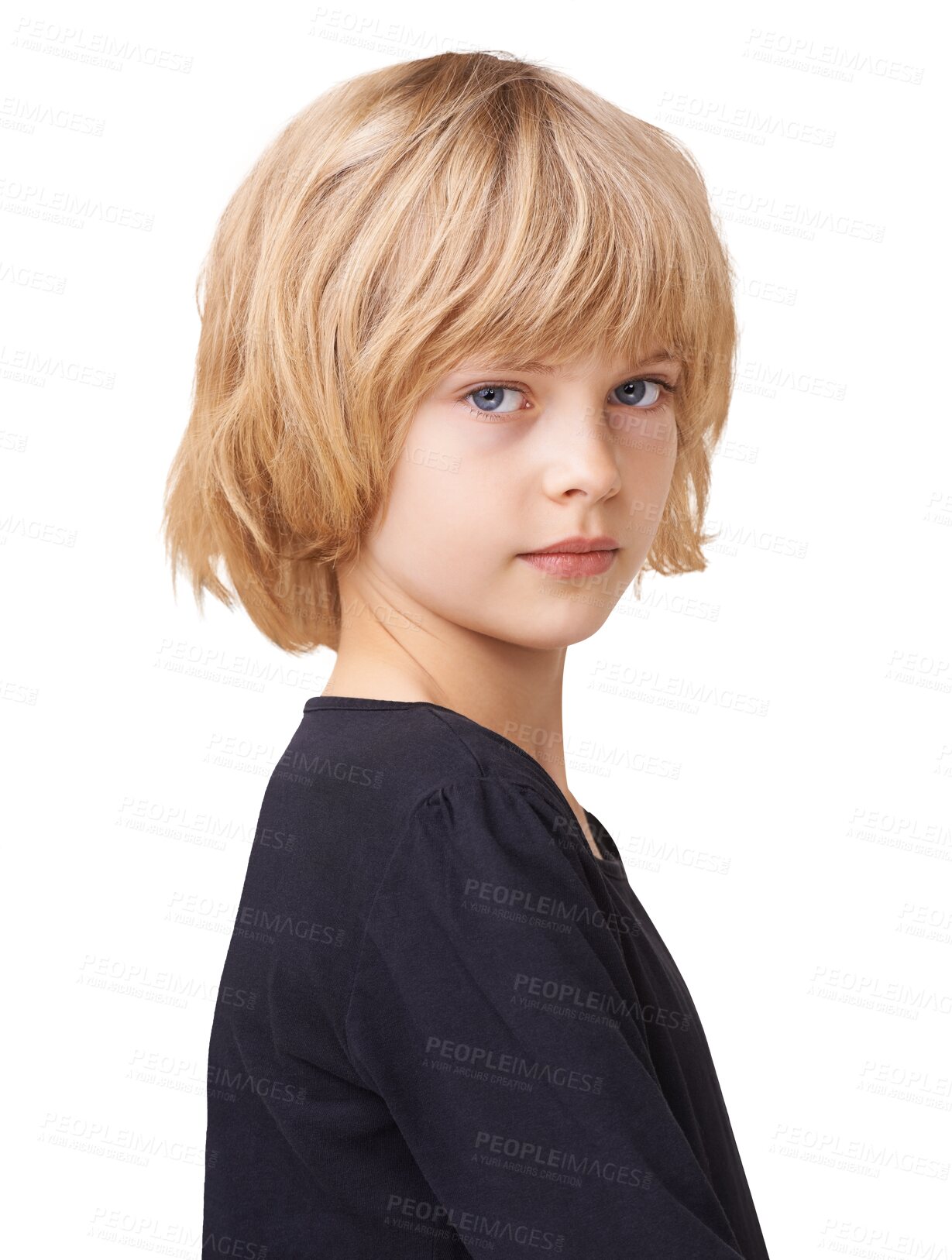 Buy stock photo Little girl, face and portrait in casual fashion with serious facial expression isolated on a transparent PNG background. Female person, teenager or young profile of child model standing in clothing