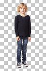 Full body portrait of a pretty little girl standing isolated on a png background