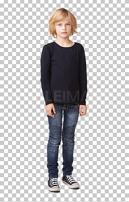 Buy stock photo Girl, teenager and full body portrait standing in casual fashion isolated on a transparent PNG background. Little female person, child or kid in denim jeans model posing with attitude in clothing