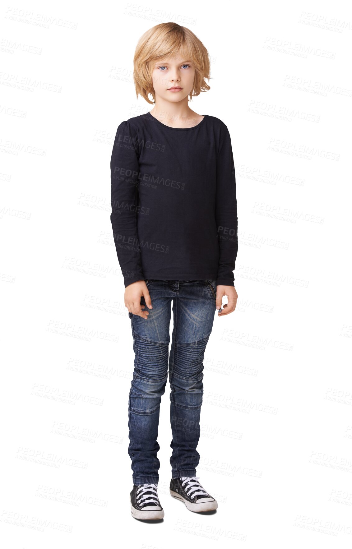 Buy stock photo Girl, teenager and full body portrait standing in casual fashion isolated on a transparent PNG background. Little female person, child or kid in denim jeans model posing with attitude in clothing