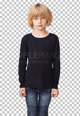 Buy stock photo Portrait, serious and girl with bored, casual and childhood isolated against a transparent background. Face, female person or kid with child development, facial expression and  concentration with png