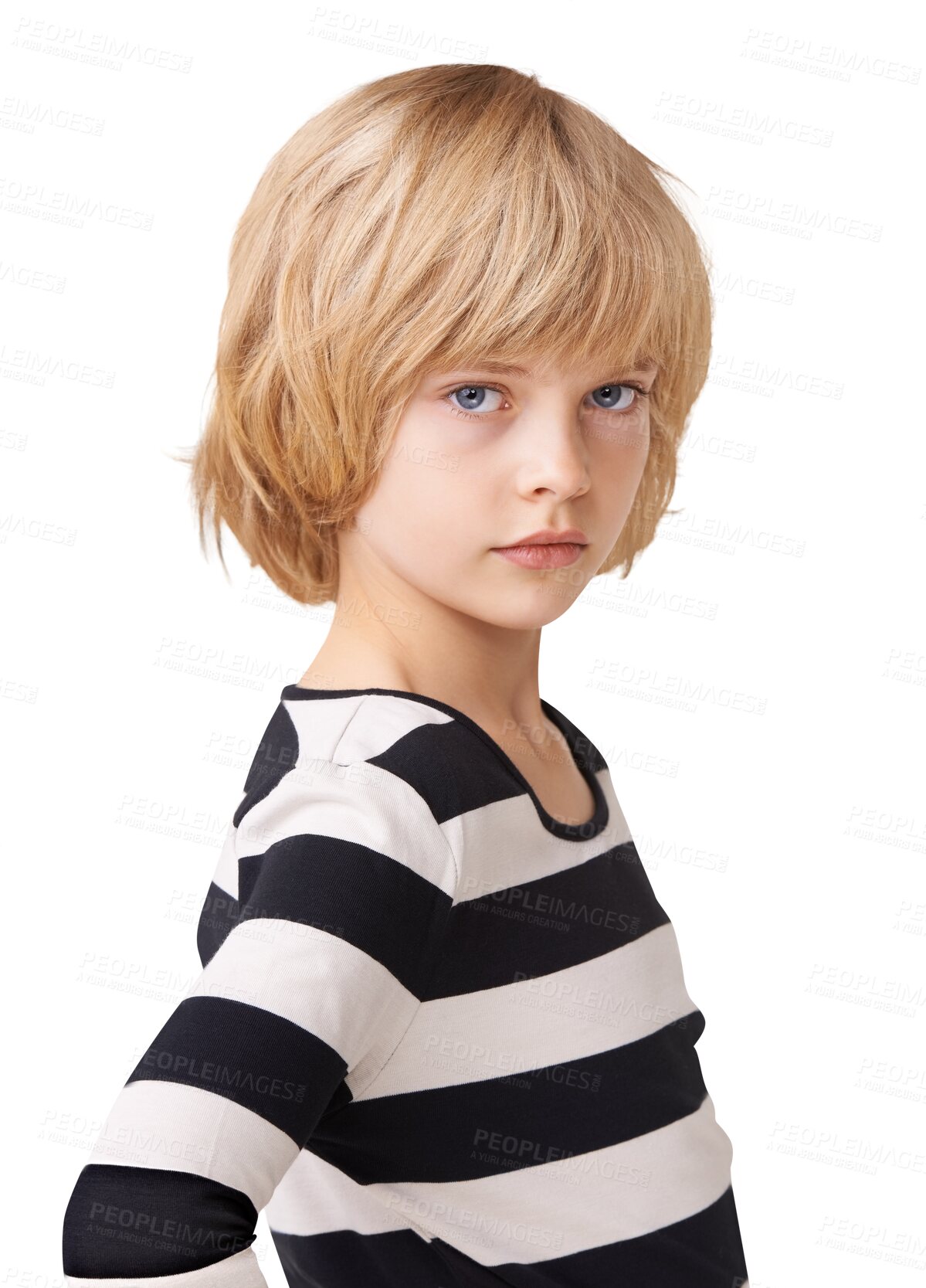 Buy stock photo Little girl, serious face and portrait in confidence standing isolated on a transparent PNG background. Female person, teenager or kid and child looking with blue eyes in casual clothing or fashion