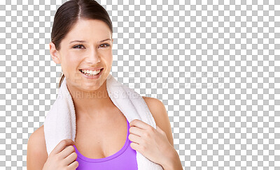 Buy stock photo Smile, fitness and portrait of woman with a towel happy with wellness isolated in a transparent or png background. Health, exercise and young person, model or athlete after workout or sport training