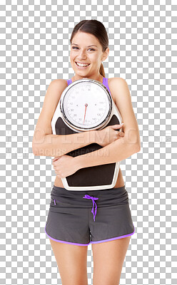 Buy stock photo Happy woman, portrait smile and hugging scale for lose weight isolated on a transparent PNG background. Face of female person or model smiling with slim healthy body, fitness or exercise for wellness