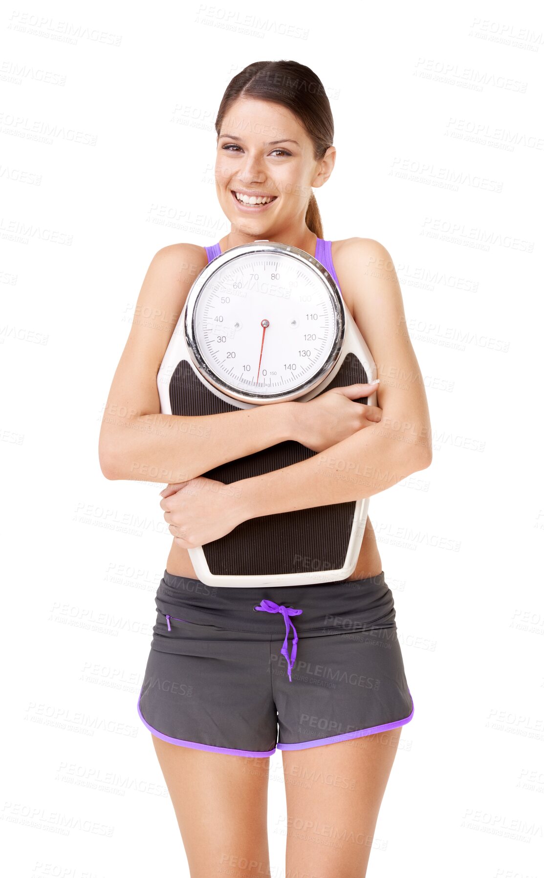 Buy stock photo Happy woman, portrait smile and hugging scale for lose weight isolated on a transparent PNG background. Face of female person or model smiling with slim healthy body, fitness or exercise for wellness