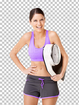 Buy stock photo Scale, portrait and training with woman on diet in png with transparent or isolated in background. Healthy, body and scales with exercise or workout for weight loss for wellness with machine.