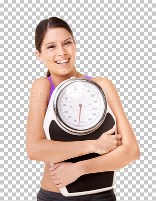 Buy stock photo Portrait, fitness and happy with scale for training in transparent with png or isolated background with nutrition. Diet, face and workout to lose weight with scales with pride or celebration or goal.