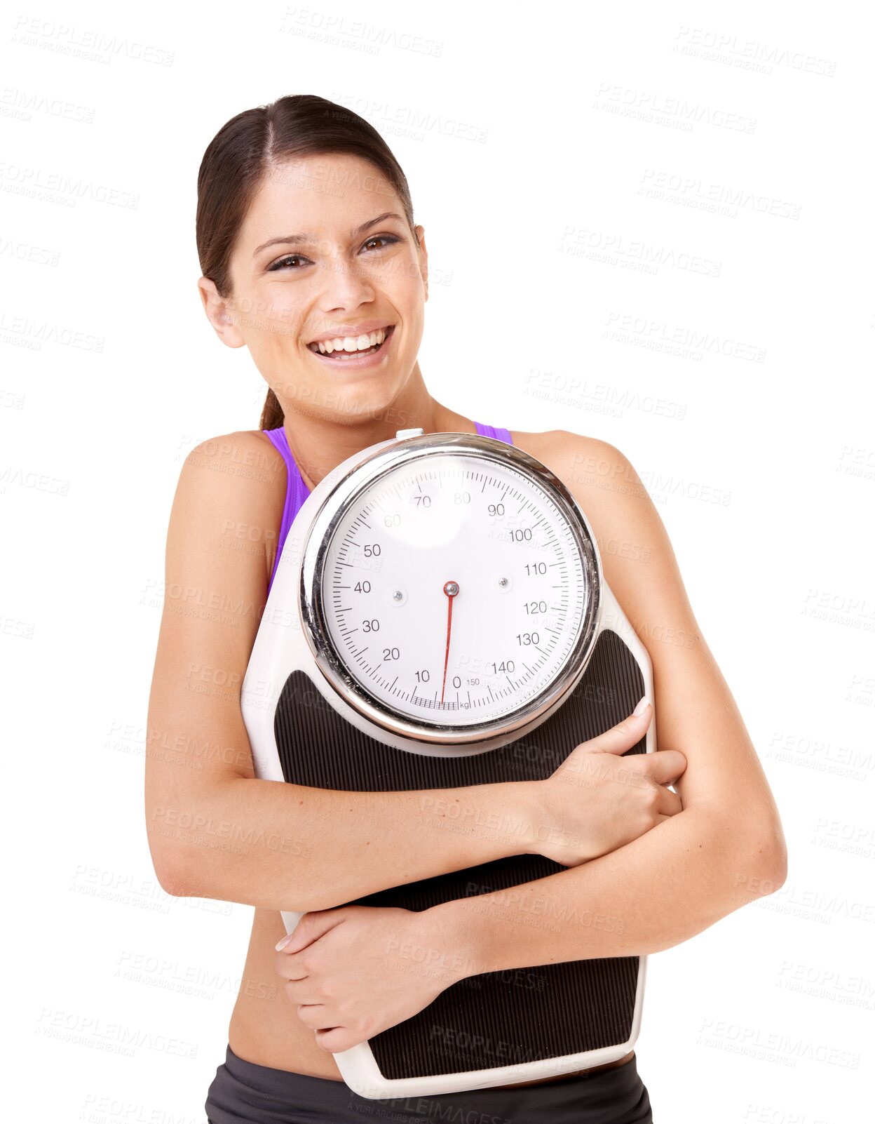 Buy stock photo Portrait, fitness and happy with scale for training in transparent with png or isolated background with nutrition. Diet, face and workout to lose weight with scales with pride or celebration or goal.