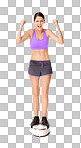 Full length shot of an ecstatic young woman weighing herself on a scale isolated on a png background