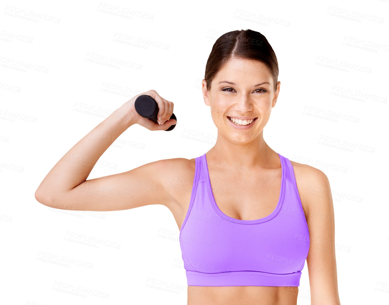 Buy stock photo Portrait, dumbbells and woman with fitness, exercise and workout goal isolated against a transparent background. Face, female person and athlete with gym equipment, progress and training with png