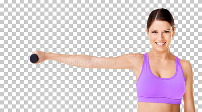 Buy stock photo Exercise, woman portrait and weight for fitness in isolated on a transparent, png background. Young female person, smile and wellness training of a happy model with workout for health and sports