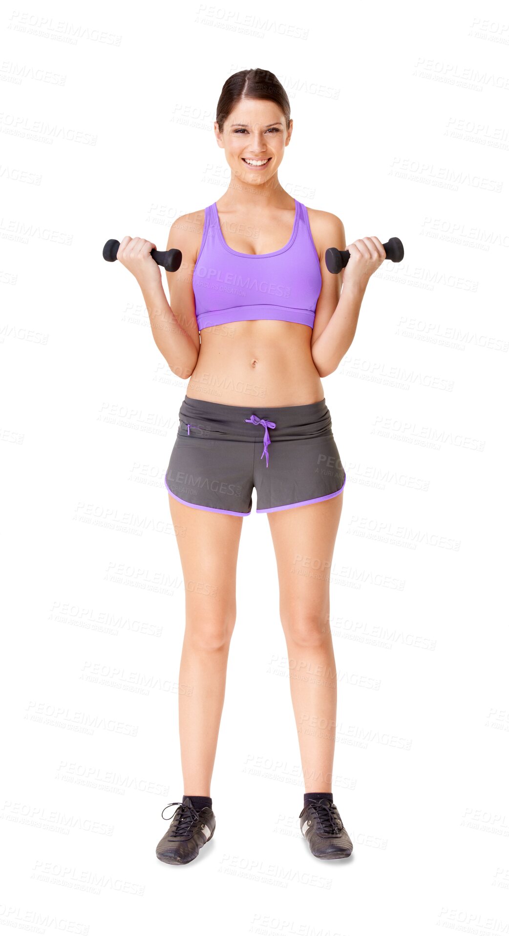 Buy stock photo Happy woman, portrait and dumbbells for workout or exercise isolated on a transparent PNG background. Fit, active and sporty female person or model with smile in weightlifting, training or exercising