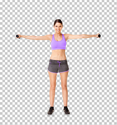 Buy stock photo Happy woman, portrait and dumbbells in fitness for workout isolated on a transparent PNG background. Fit, active and sporty female person or model with smile for weightlifting, training or exercise