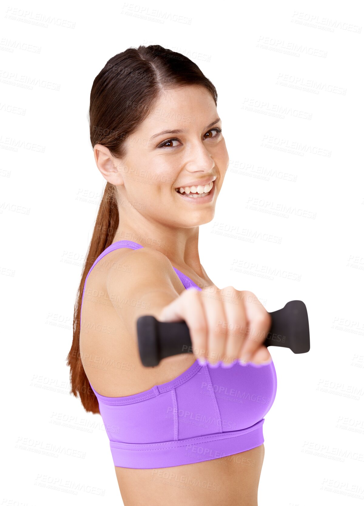 Buy stock photo Happy woman, portrait smile and dumbbells in fitness for workout isolated on a transparent PNG background. Fit, active or sporty female person or model smiling for weightlifting, training or exercise