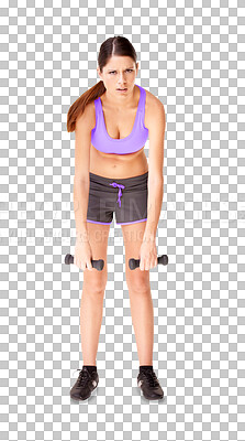 Buy stock photo Tired woman, portrait and frustrated with dumbbells in workout isolated on a transparent PNG background. Exhausted or active female person or model in burnout from exercise, training or weightlifting