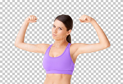 Buy stock photo Training, arm flex and woman portrait with strength workout isolated on a transparent, png background. Fitness, exercise and young female person with health and wellness from sport and gym session