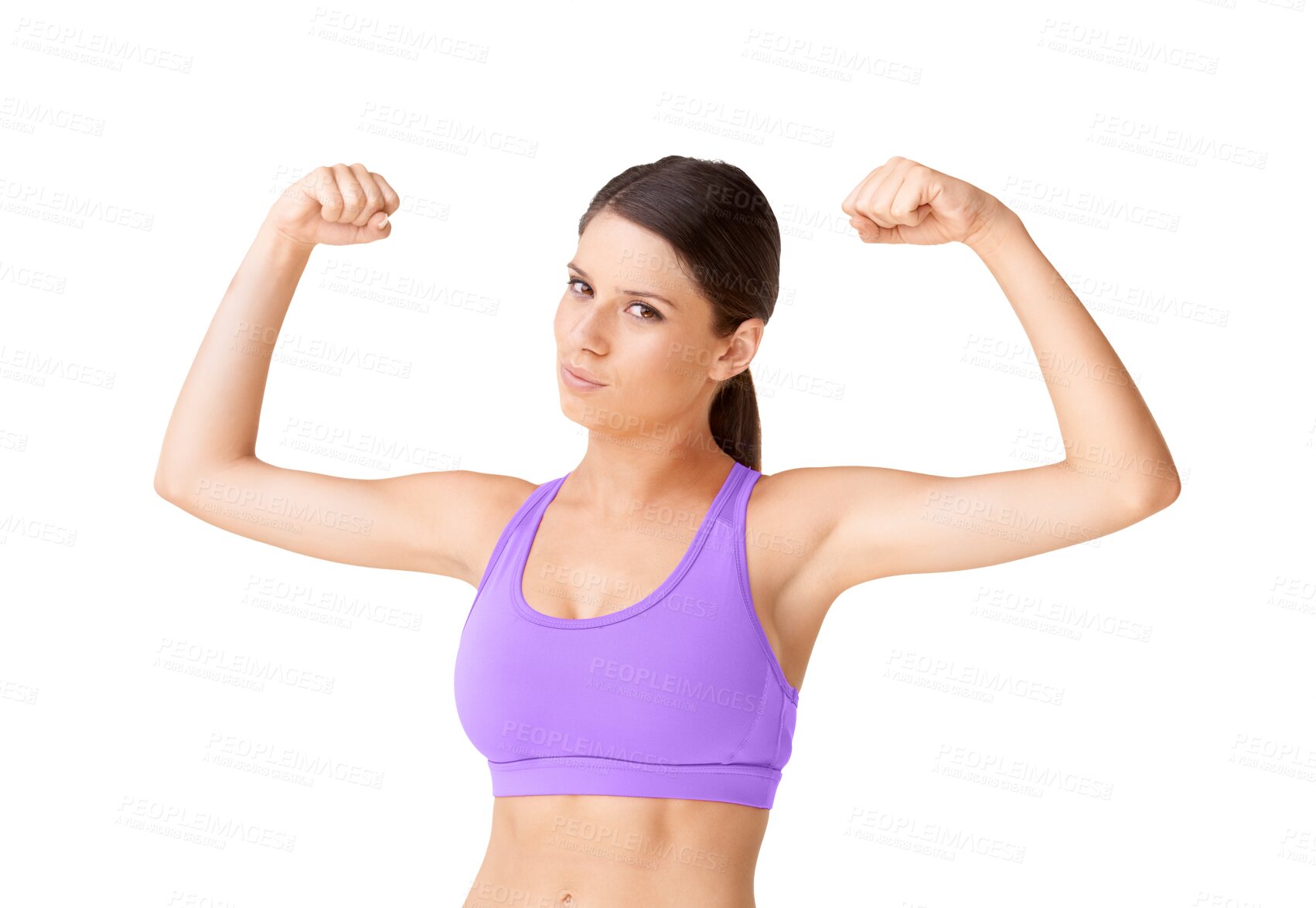 Buy stock photo Training, arm flex and woman portrait with strength workout isolated on a transparent, png background. Fitness, exercise and young female person with health and wellness from sport and gym session