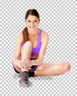 Buy stock photo Fitness, stretching legs and portrait of woman for warm up on isolated, png and transparent background. Sports, workout and happy female person exercise for wellness, healthy body and flexibility