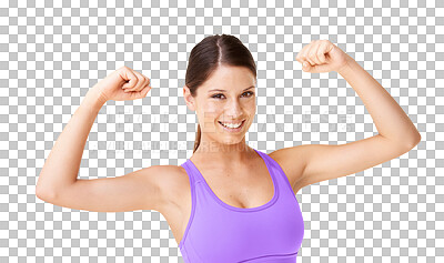 Buy stock photo Happy woman, portrait smile and arm flex in fitness for strength isolated on a transparent PNG background. Fit, active and strong female person or model posing and showing arms for muscle in exercise