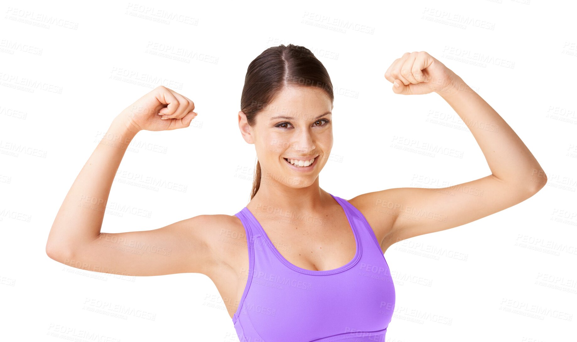 Buy stock photo Happy woman, portrait smile and arm flex in fitness for strength isolated on a transparent PNG background. Fit, active and strong female person or model posing and showing arms for muscle in exercise