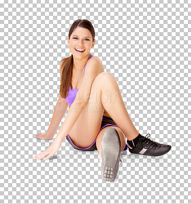 Buy stock photo Fitness, stretching and portrait of woman for workout on isolated, png and transparent background. Sports, warm up and happy female person exercise for wellness, healthy body and flexibility on floor