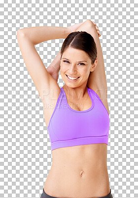 Buy stock photo Happy woman, portrait smile and stretching body in fitness workout isolated on a transparent PNG background. Fit, active and sporty female person or model in warm up arm stretch for healthy exercise