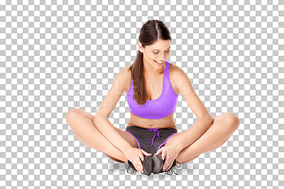 Buy stock photo Fitness, stretching legs and woman for workout and warm up on isolated, png and transparent background. Sports, training and happy female person exercise for wellness, healthy body and flexibility