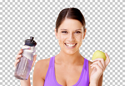 Buy stock photo Happy woman, portrait smile and water with apple for healthy diet isolated on a transparent PNG background. Female person or young model smiling in fitness with fruit for nutrition and sustainability