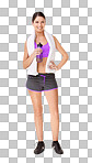 Full length portrait of a fit young woman in gym clothing holding a water bottle isolated on a png background