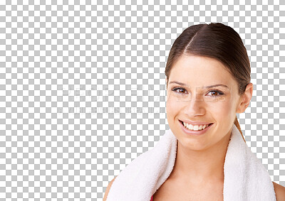 Buy stock photo Woman, portrait and smile with towel after training and workout isolated on a transparent, png background. Wellness, happy smile and young female model face with confidence from exercise and fitness