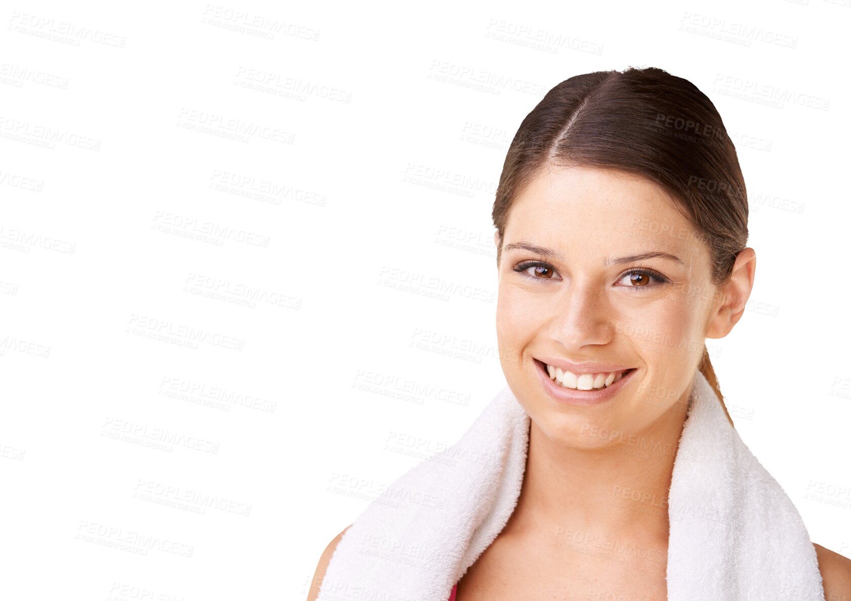 Buy stock photo Woman, portrait and smile with towel after training and workout isolated on a transparent, png background. Wellness, happy smile and young female model face with confidence from exercise and fitness